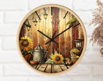 Vintage Bauernhaus Dekor, alte Holz Sonnenblumen Wanduhr, Cottagecore Küchenuhr