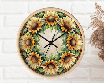 Farmhouse sunflower decor, Sunflower wall clock, Cottagecore kitchen wall clock round