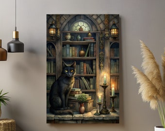 Black cat in library gothic home decor, Dark academia wall art prints, Witchy gothic wall art