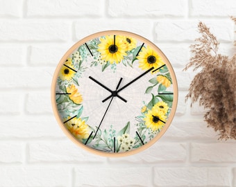 Farmhouse wall clock, Sunflower wall clock, Kitchen wall clock round