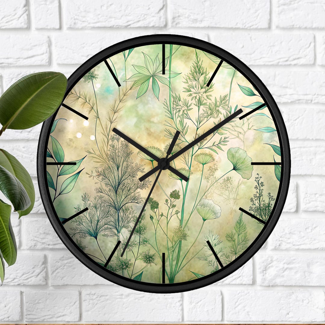 Unique Round Sage Green Botanical Wall Clock - Modern Minimalist ...