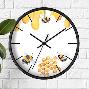 Honey bee kitchen wall decor, Modern bee wall clock, Unique honey bee keeper gift, Honeycomb farmhouse kitchen decor
