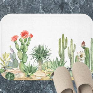 Modern cactus bath mat, Desert home bathroom decor, Plant unique bath rug