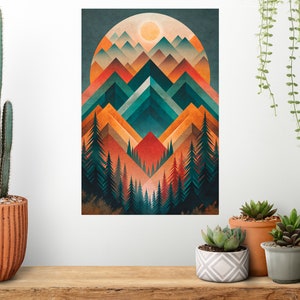 Mid century modern mountain wall art, Abstract canvas wall art prints, Trendy boho living room decor