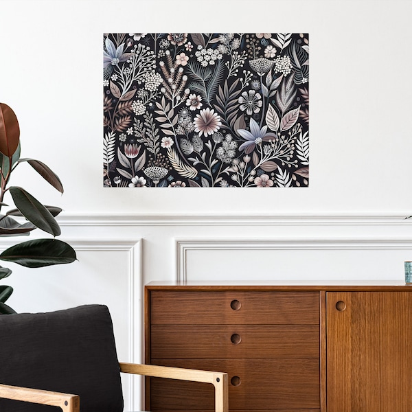 Trendy floral black white botanical wall art, Aesthetic canvas wall art prints, Minimalist living room decor