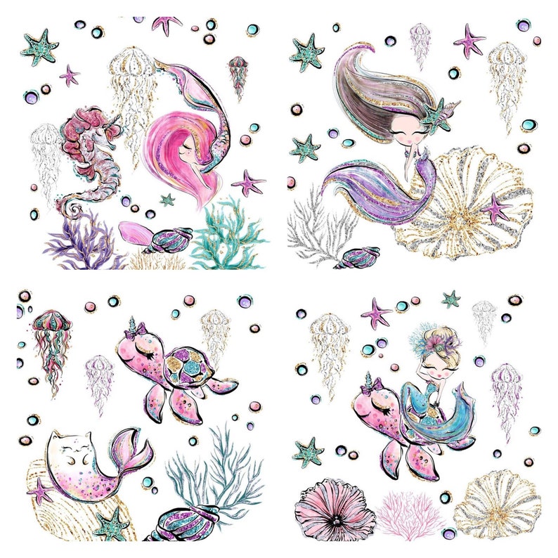 4 PANELS SET Mermaid fabric Baby quilt panels Under the sea Etsy