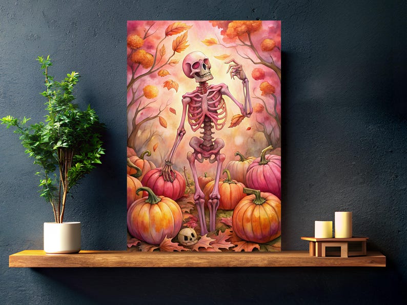 Pink Fall Halloween College Dorm Decor, Pastel Pumpkin Skeleton Preppy