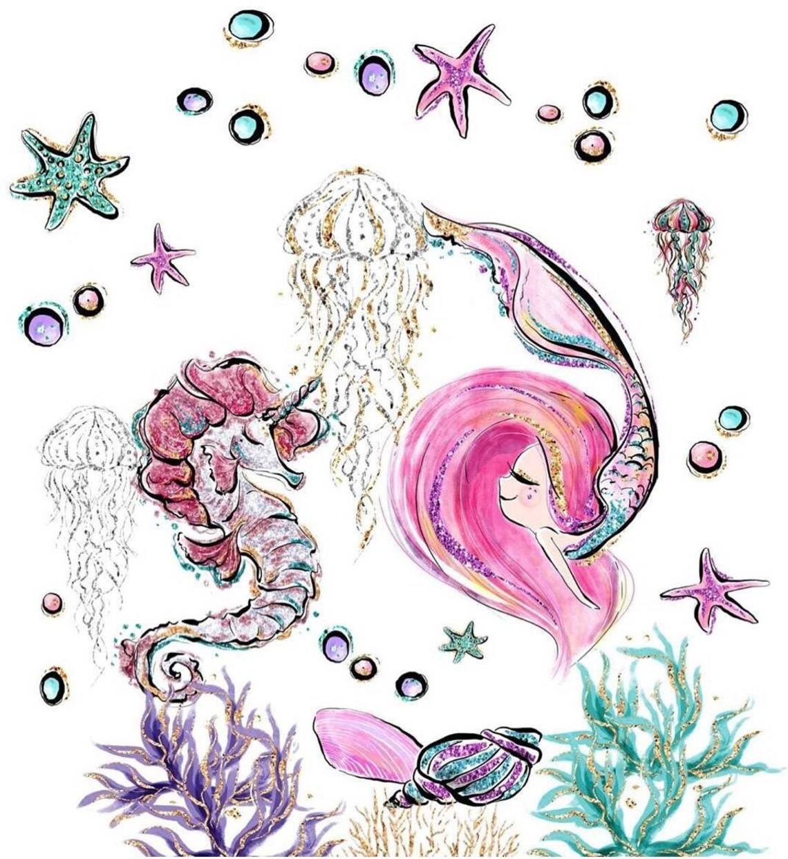 4 PANELS SET Mermaid fabric Baby quilt panels Under the sea Etsy