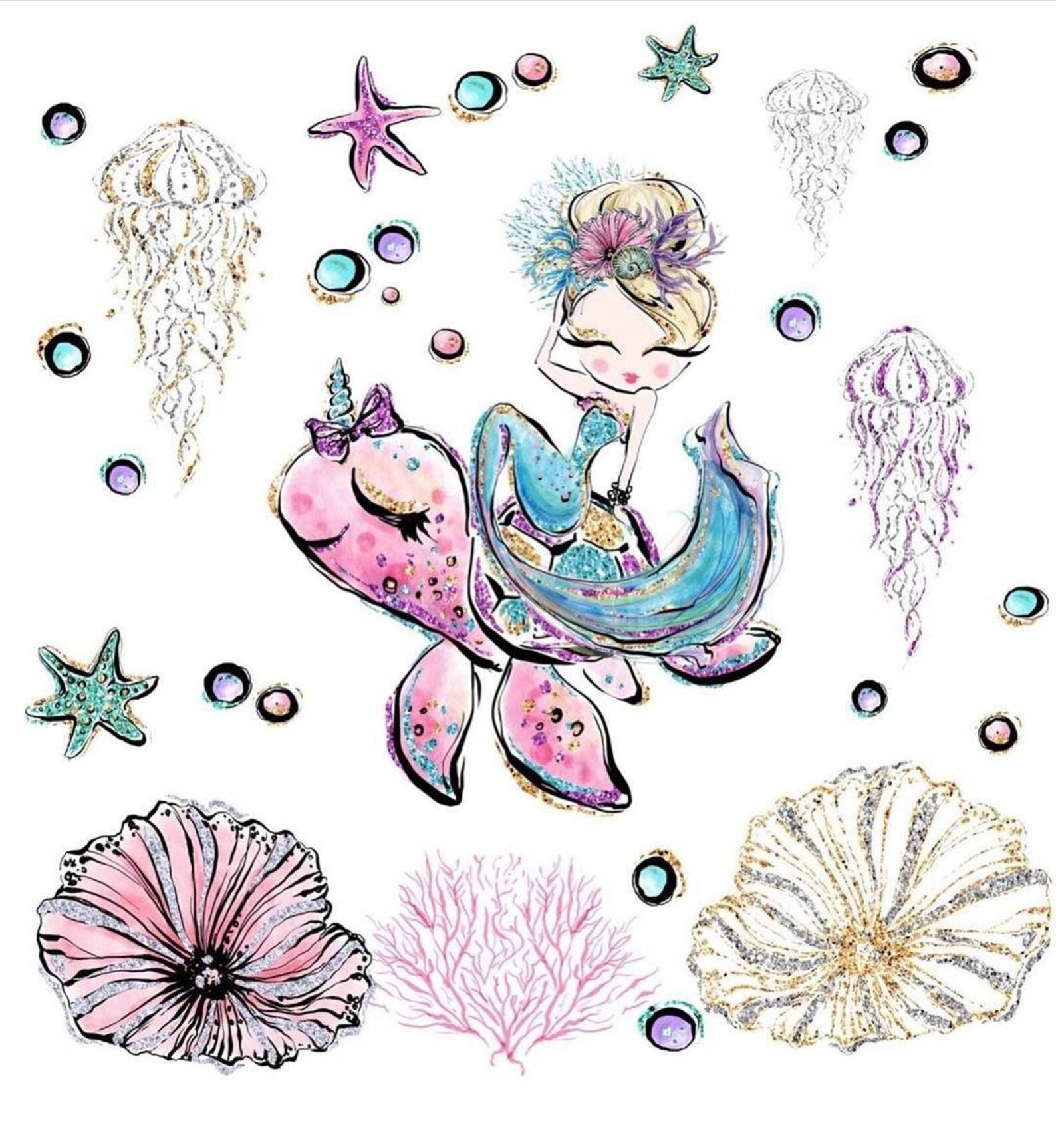 4 PANELS SET Mermaid fabric Baby quilt panels Under the sea Etsy