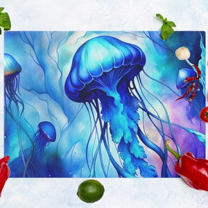 Eclectic blue jellyfish glass cutting board, Cute ocean kitchen board, Nautical gifts for kitchen decor