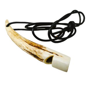 May include: A bone whistle with a black leather cord. The whistle is made of natural bone with a brown and white mottled pattern.