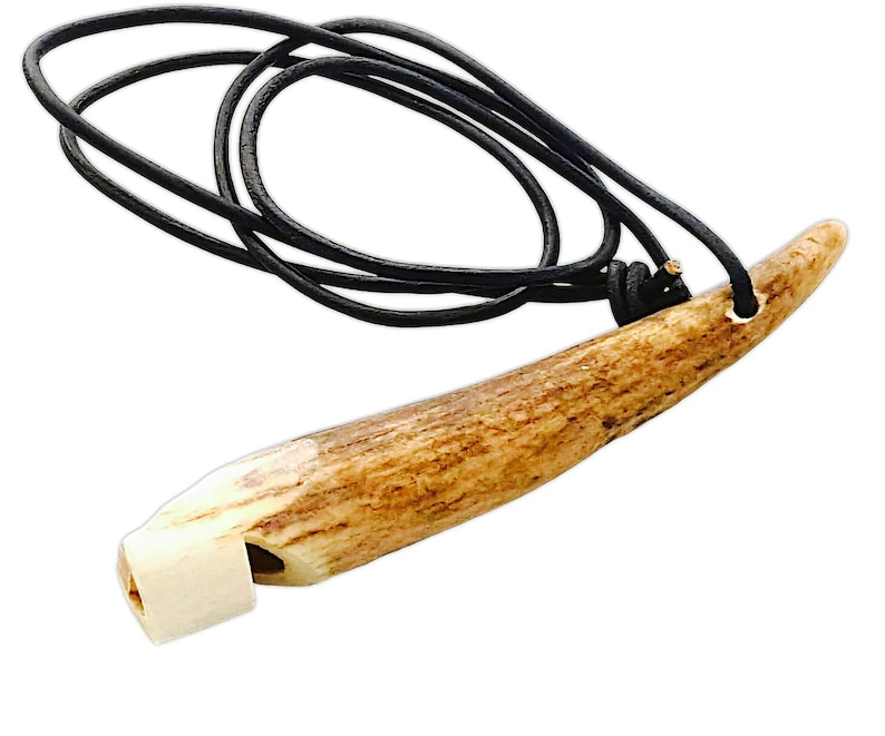 May include: A brown antler whistle with a white mouthpiece, attached to a black leather cord.