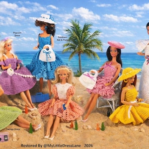 May include: A group of dolls wearing crochet dresses and accessories on a beach. Dresses are in various colors, including green, purple, blue, pink, and yellow. Each doll has a unique hat and purse. The background features palm trees, the ocean, and a blue sky.