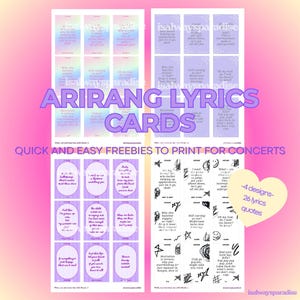 Pode incluir: Um conjunto de cartões de letras de músicas Arirang com um fundo gradiente rosa e roxo. Os cartões apresentam letras de músicas e frases em uma variedade de fontes. O texto "ARIRANG LYRICS CARDS" é exibido de forma proeminente. Os cartões são para concertos.