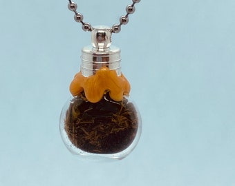 May include: A silver chain necklace with a glass vial pendant. The vial is filled with dried herbs and sealed with a gold-colored wax.