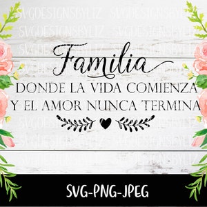 May include: A watercolor floral design with pink roses and green leaves on a white wood background. The text "Familia Donde la vida comienza y el amor nunca termina" is written in black cursive font.