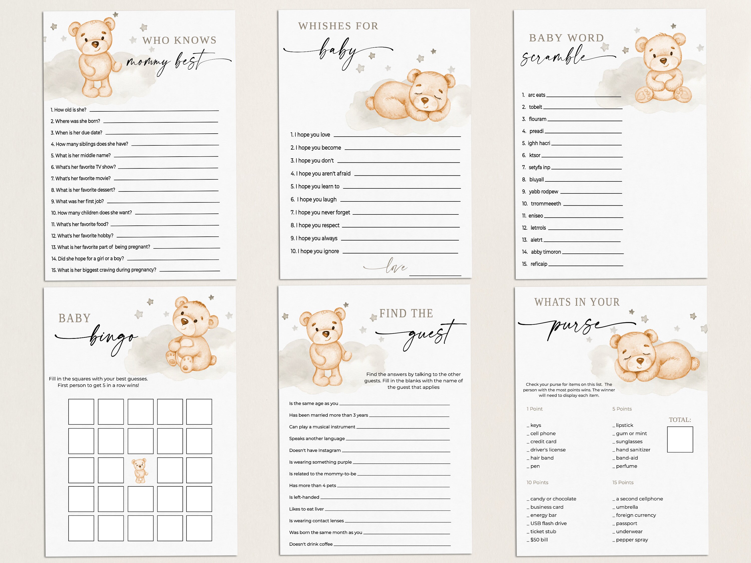 Teddy Bear Baby Shower Games Printable Baby Shower Games Etsy