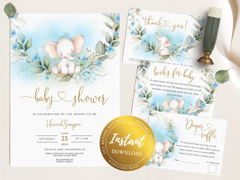 Editable Elephant Baby Shower Invitation Set Blue Elephant Etsy Canada