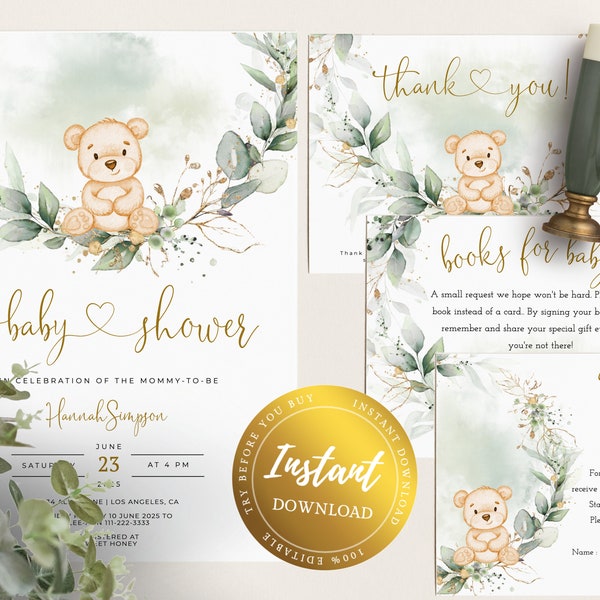 Editable Teddy Bear Baby Shower Invitation Set Bear Themed Invite Bundle, Printable BearBalloons Invitations Package, Pack template download