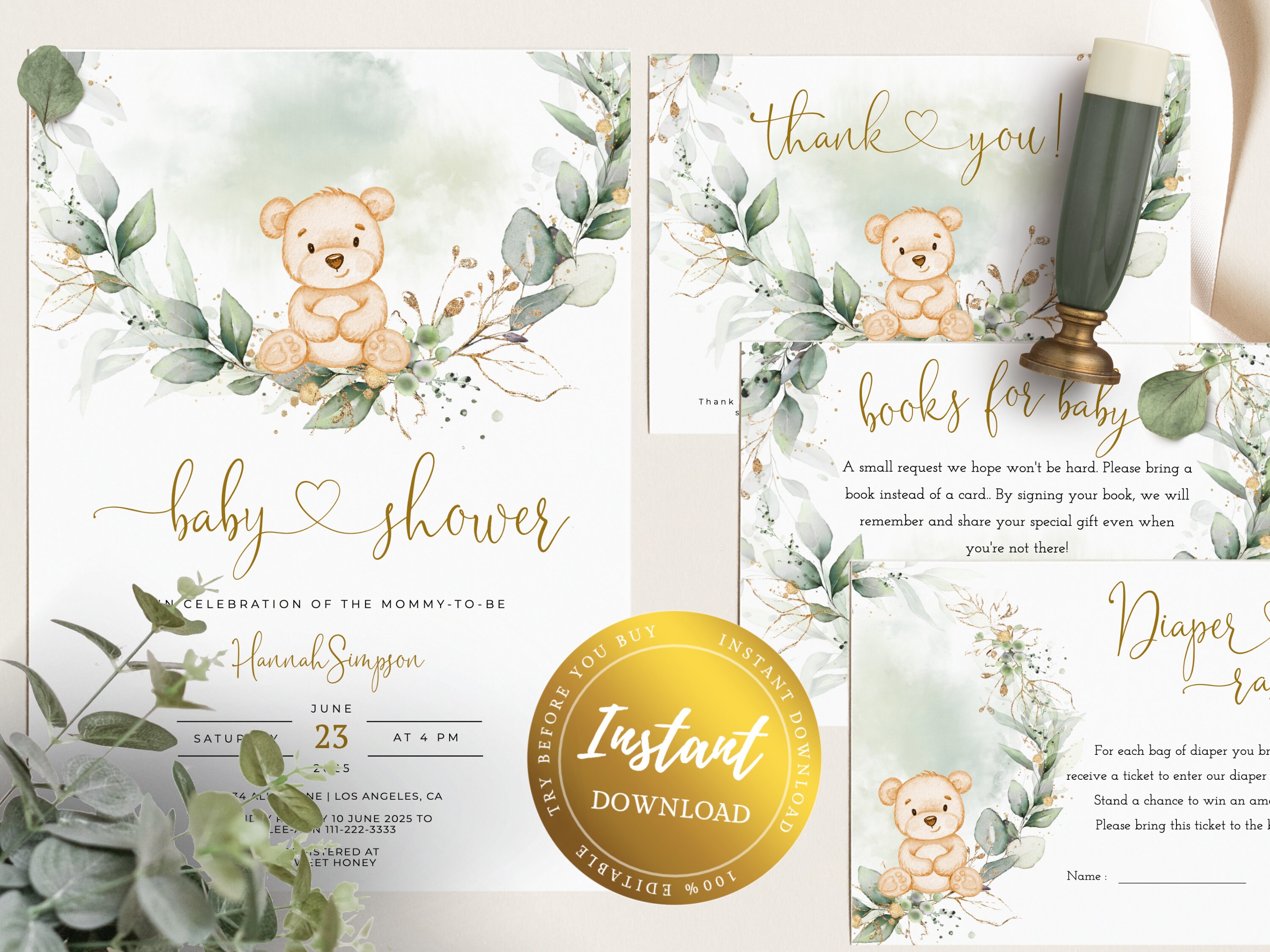 Editable Teddy Bear Baby Shower Invitation Set Bear Themed Invite Bun…