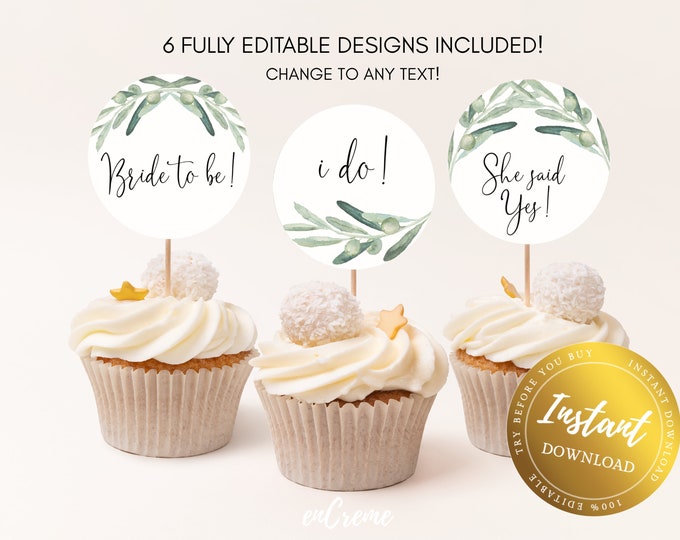 EDITABLE Greenery Cupcake Toppers, Party Decoration, Bridal Shower ...