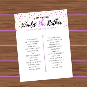 Dirty Would She Rather | Bachelorette Party Game | Bridal Shower | Hen Party | Instant Download | Girls Night| Ladies Night | Purple Dots