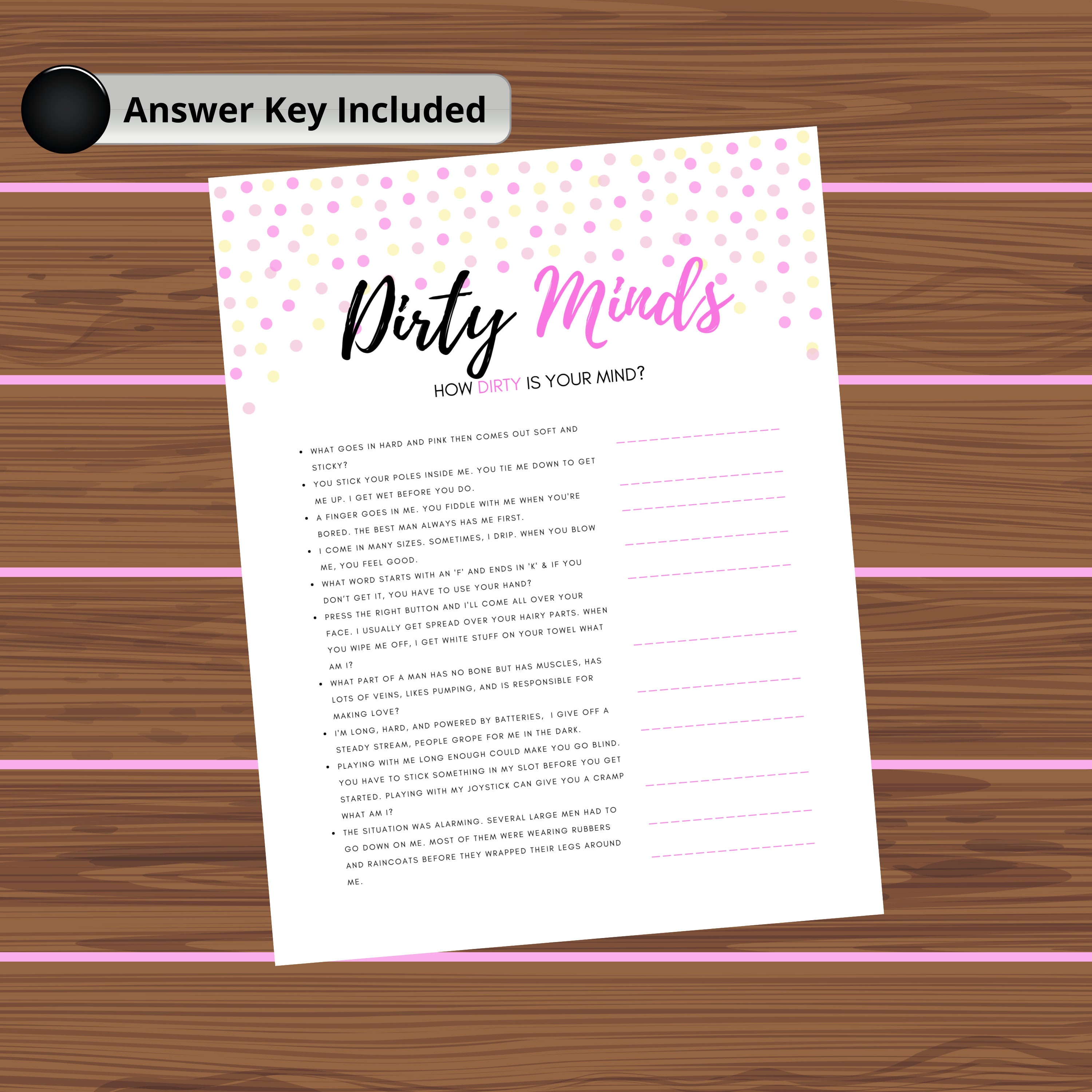 Dirty Minds Bachelorette Party Game | Printable | Bridal Shower Game ...