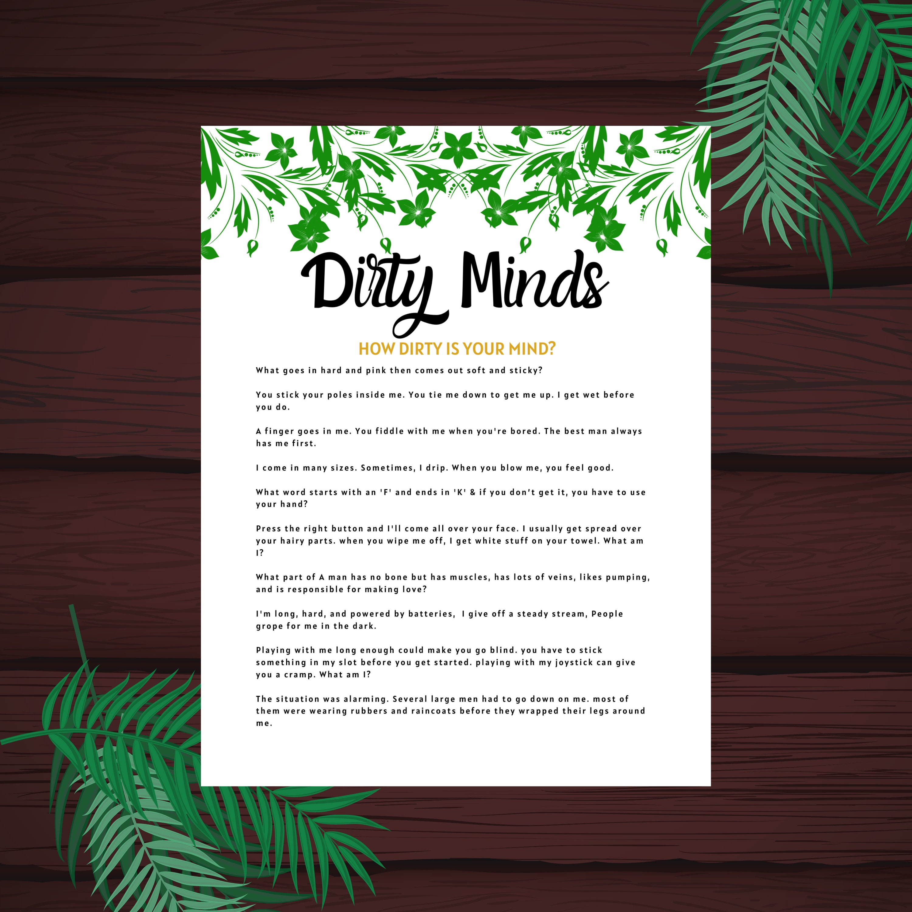 Dirty Minds Bachelorette Party Game | Printable | Bridal Shower Game ...