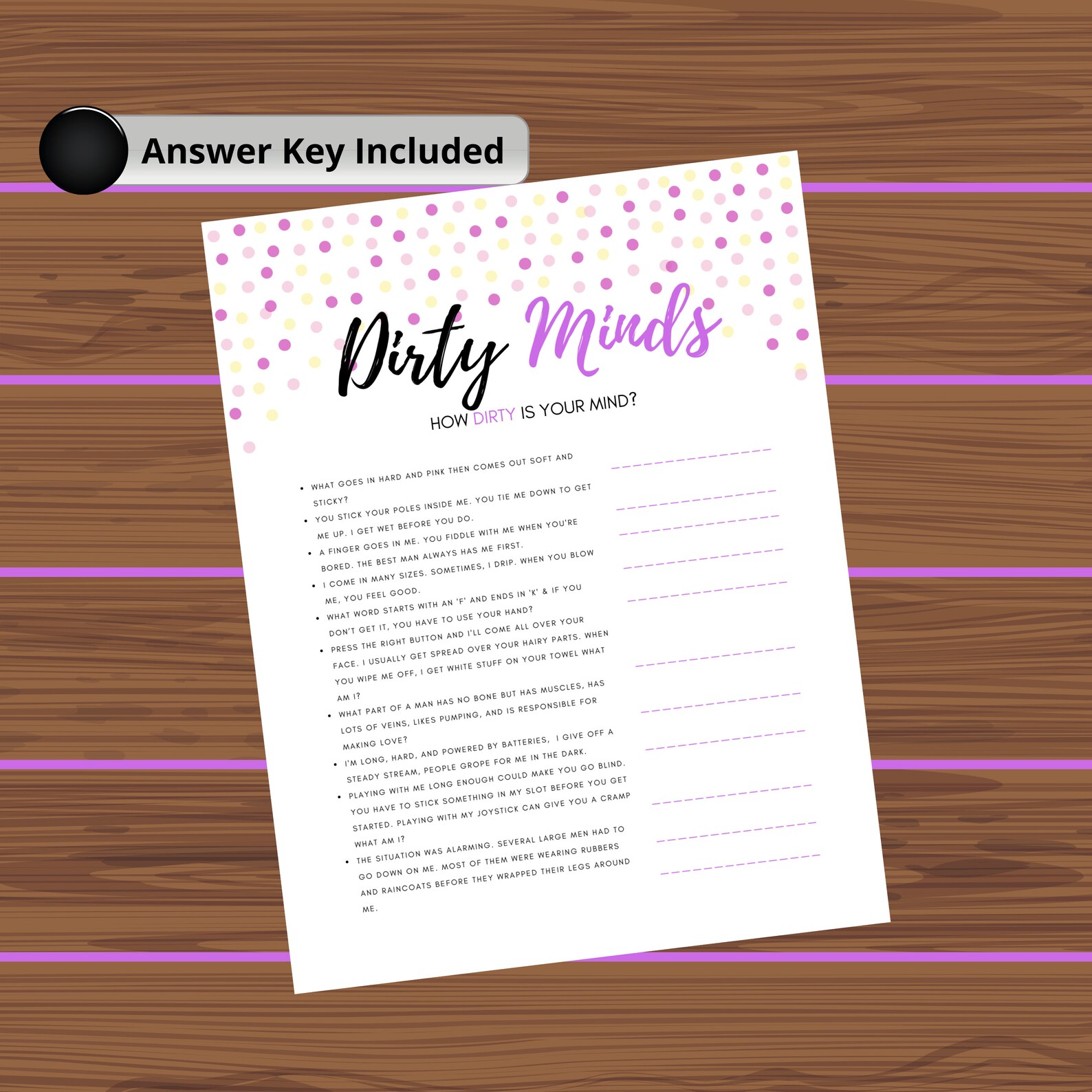 Dirty Minds Bachelorette Party Game Printable Bridal Shower Game Hen ...