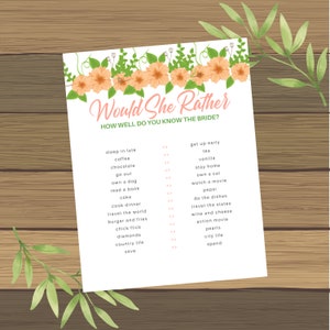 Bachelorette Party Game Printable | Bridal Shower Game | Would She Rather | Hen Party Game | Instant Download | Peach Flower | Girls Night