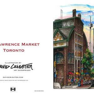 May include: A watercolor painting of St. Lawrence Market in Toronto, Canada. The market is a historic building with a green roof and a sign that reads "St. Lawrence Market". The painting also features the CN Tower in the background.
