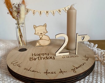 High-quality, personalized wooden birthday plate with vase, candle, bunting, numbers from 0-9, birthday wreath, table decoration, set