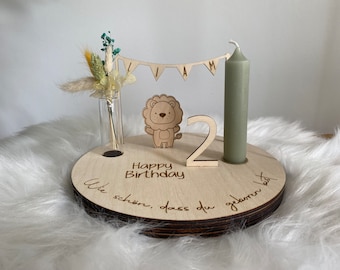 Hochwertiger,personalisierter Geburtstagsteller aus Holz mit Vase und Kerze, Wimpelkette, Geburtstagsteller, Geburtstagskranz, Tischdeko,Set
