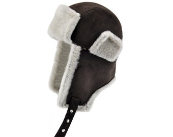 DX Women's/ Men's - Winter sheepskin  Earflaps hat , Aviator, genuine lambskin , sheepskin, leather hat, cup, with beanie pompon