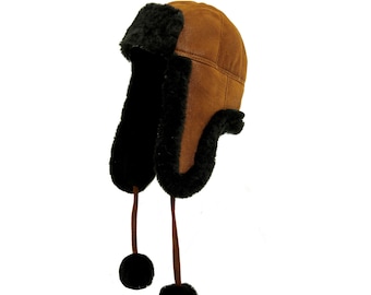 DX Women's/ Men's - Winter sheepskin  Earflaps hat , Aviator, genuine lambskin , sheepskin, leather hat, cup, with beanie pompon