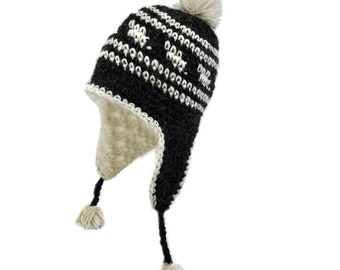 DX Women's/ Men's -  sheep wool Earflaps hat , cap, genuine wool, real wool , sheepskin, grey, white, black , with beanie pompon