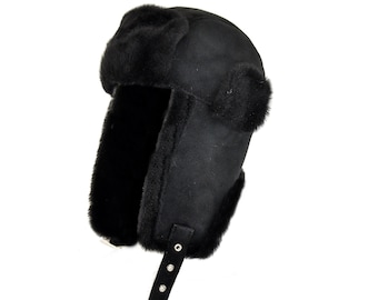 DX Women's/ Men's - Winter sheepskin  Earflaps hat , Aviator, genuine lambskin , sheepskin, leather hat, cup, with beanie pompon