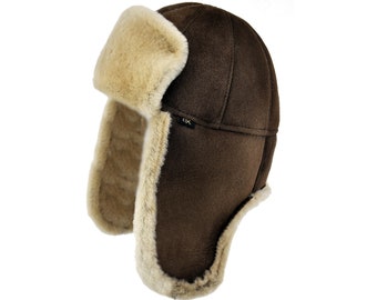 DX Women's/ Men's - Winter sheepskin  Earflaps hat , Aviator, genuine lambskin , sheepskin, leather hat, cup, with beanie pompon