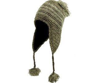 DX Women's/ Men's -  sheep wool Earflaps hat , cap, genuine wool, real wool , sheepskin, grey, white, black , with beanie pompon