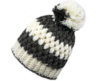Señoras / gorra de lana de oveja de los hombres, gorra de invierno, lana de oveja real, sombrero de bobble gris, blanco, negro,