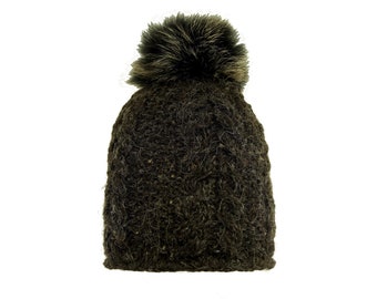 Sombrero de lana de oveja de las mujeres, gorra, lana de oveja real, sombrero de bobble gris, blanco, negro,