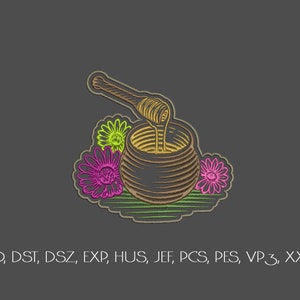 Puede incluir: Una ilustración de estilo vintage de un tarro de miel con un cucharón, rodeado de flores rosas y verdes. El tarro de miel es marrón y tiene una superficie texturizada. El cucharón es marrón y tiene un mango amarillo. Las flores son estilizadas y tienen un diseño simple.
