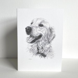 May include: A black and white pencil drawing of a golden retriever dog looking to the side with its mouth open. The dog is drawn in a realistic style with detailed fur and facial features.