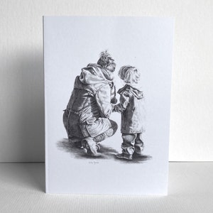 Carte de voeux mère et enfant | Croquis au crayon dessiné à la main | Blanc à l'intérieur | Artiste britannique