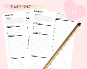 Minimalist Daily A5 Planner Printable Insert for KiKkiK , Filofax ,  agendas binder. Daily Schedule, Priorities, To Do List Quote Notes