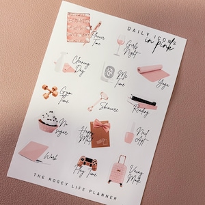 PEGATINAS PARA PLANIFICADORES / Pegatinas con icono rosa / Pegatinas decorativas para planificadores / Gm Mm / Bolsillo personal A5 A6 / HP Media carta Mini y Clásica / Mate transparente