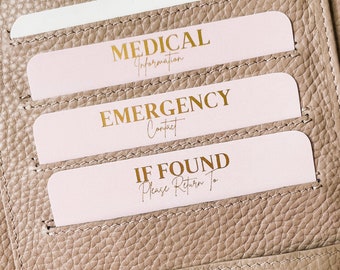 Information Cards | Pink & Gold | Cards for medical and emergency information lost and found for Planners, wallet agenda pockets Hobonichi,