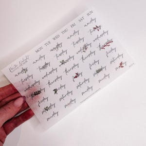 Può includere: Un foglio di adesivi trasparenti per planner con i giorni della settimana scritti in corsivo. Ogni giorno della settimana è decorato con un piccolo disegno floreale con bacche rosse e foglie verdi.