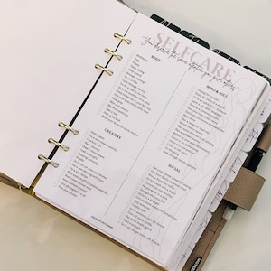 Selfcare Ideas Checklist Dashboard | Lady Boss Planner | Laminated suitable for all Agendas GM MM PM A5 Hobonichi Bujo or Hp discbound