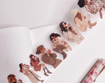 May include: A sheet of decorative stickers featuring illustrations of women drinking coffee or tea. The women are depicted in various poses and wearing different outfits. The stickers are printed on clear adhesive paper and are perfect for adding a touch of whimsy to journals, planners, or laptops.